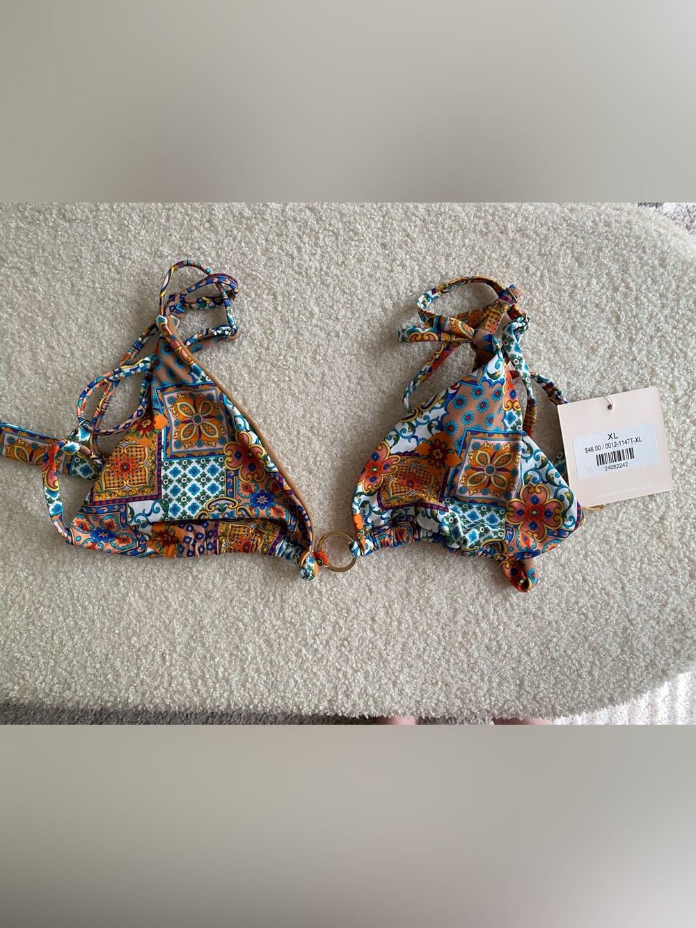 Kittenish Multicolor Tile-Print Triangle Bikini Top - Blue, Orange, White